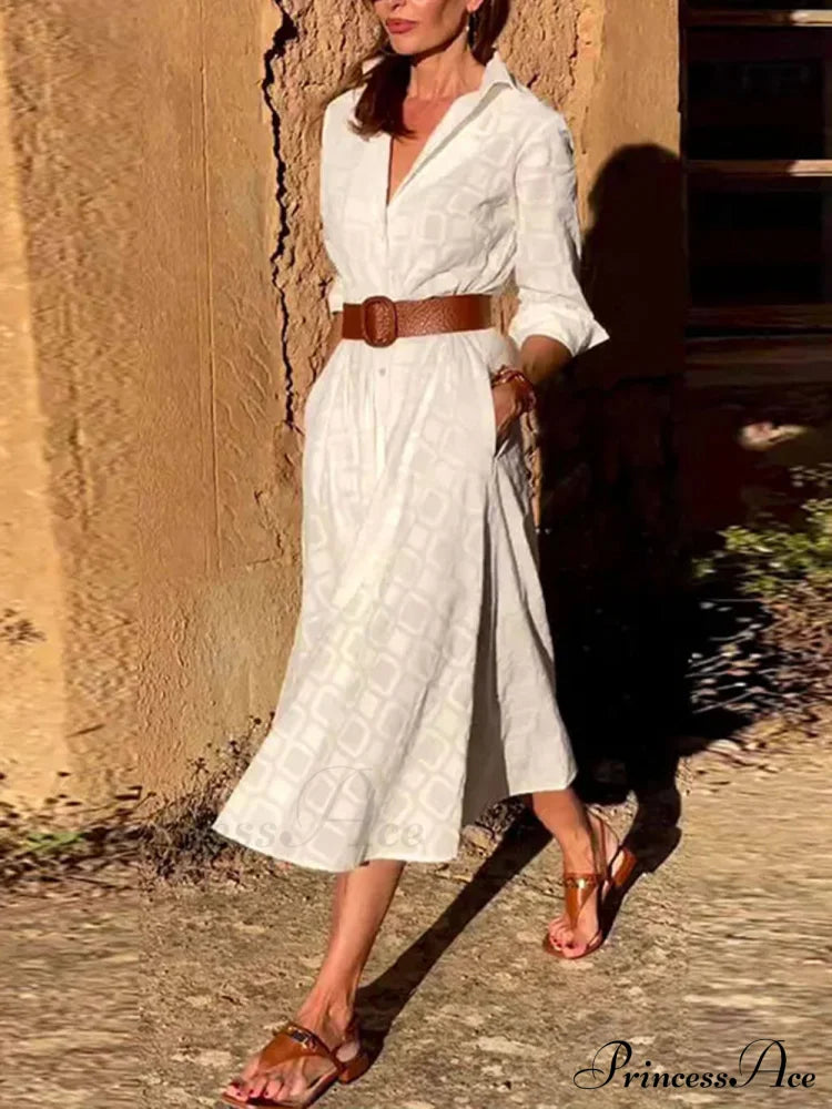 Kleid mit Knopfleiste, Gürtel, eleganter Tasche, langem Ärmel und mittlerer Länge