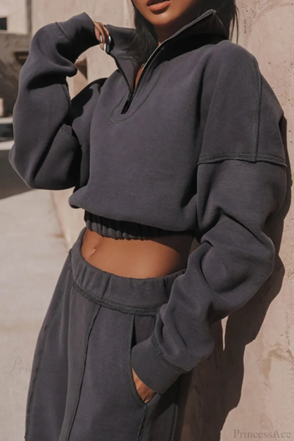 Chic Athleisure Stand Collar Sweatshirt Elastic Jogger Two Piece Set