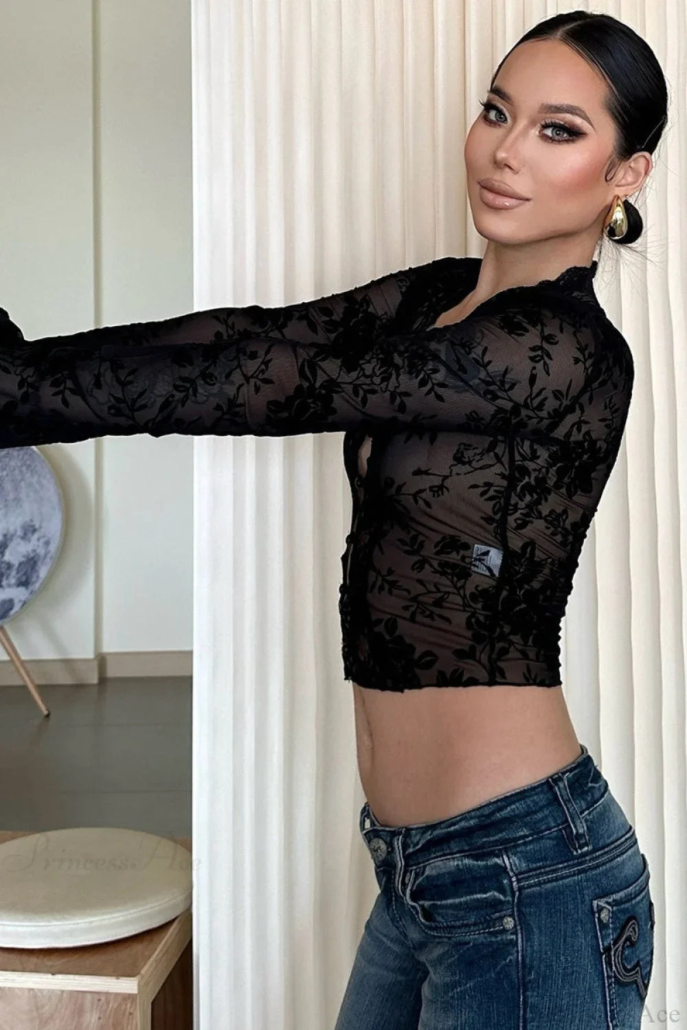 Schicke Bluse mit Leopardenmuster, Netzstoff und Spitzenbesatz