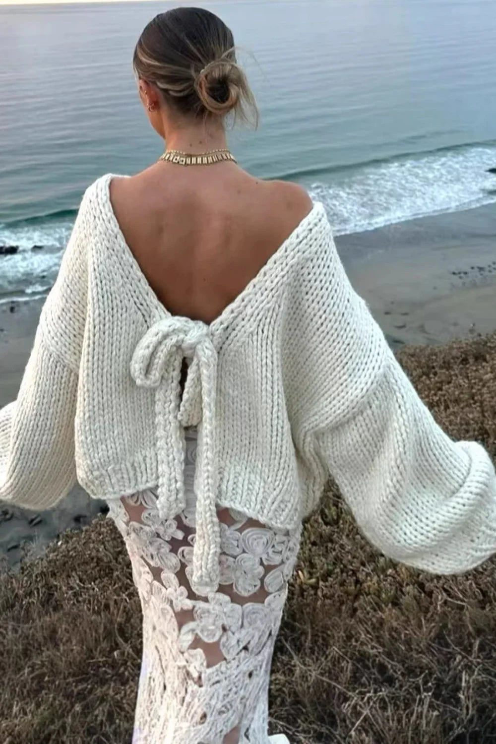 Chunk Knit Bow Tie Strap Reversible Sweater