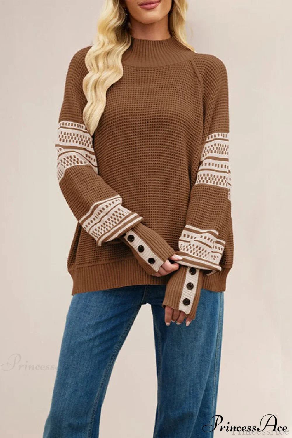 Color-Block Mock Neck Fashion Knit Sweater