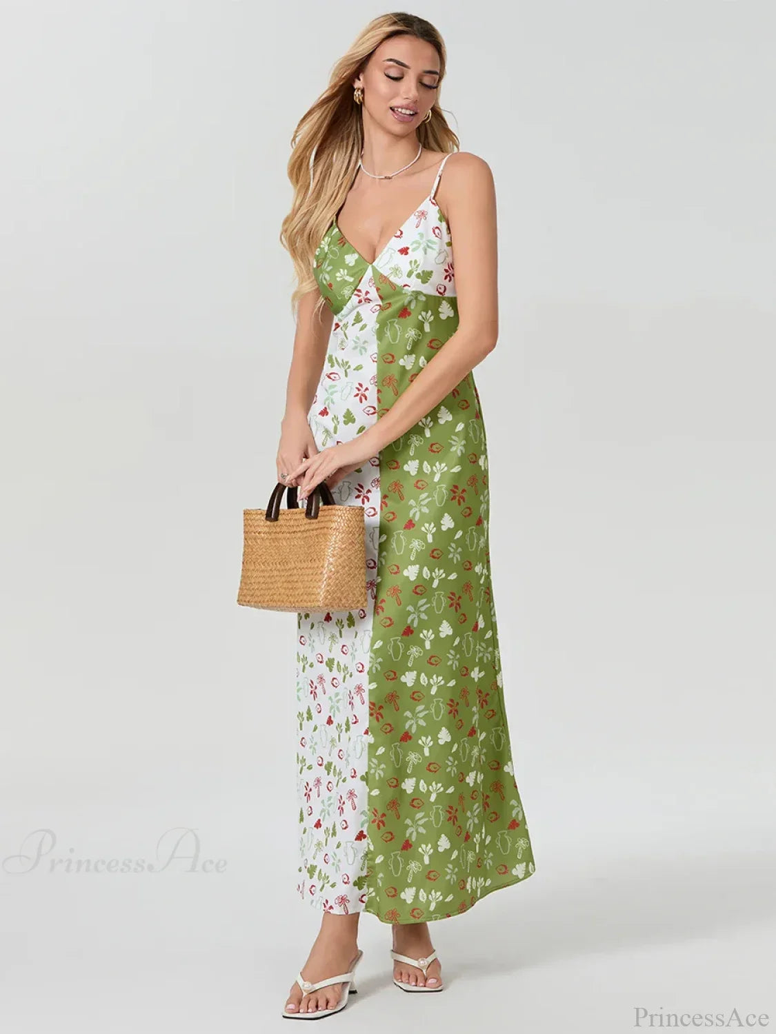 Vestido Floral com Alças Finas, Decote V e Cor Contrastante