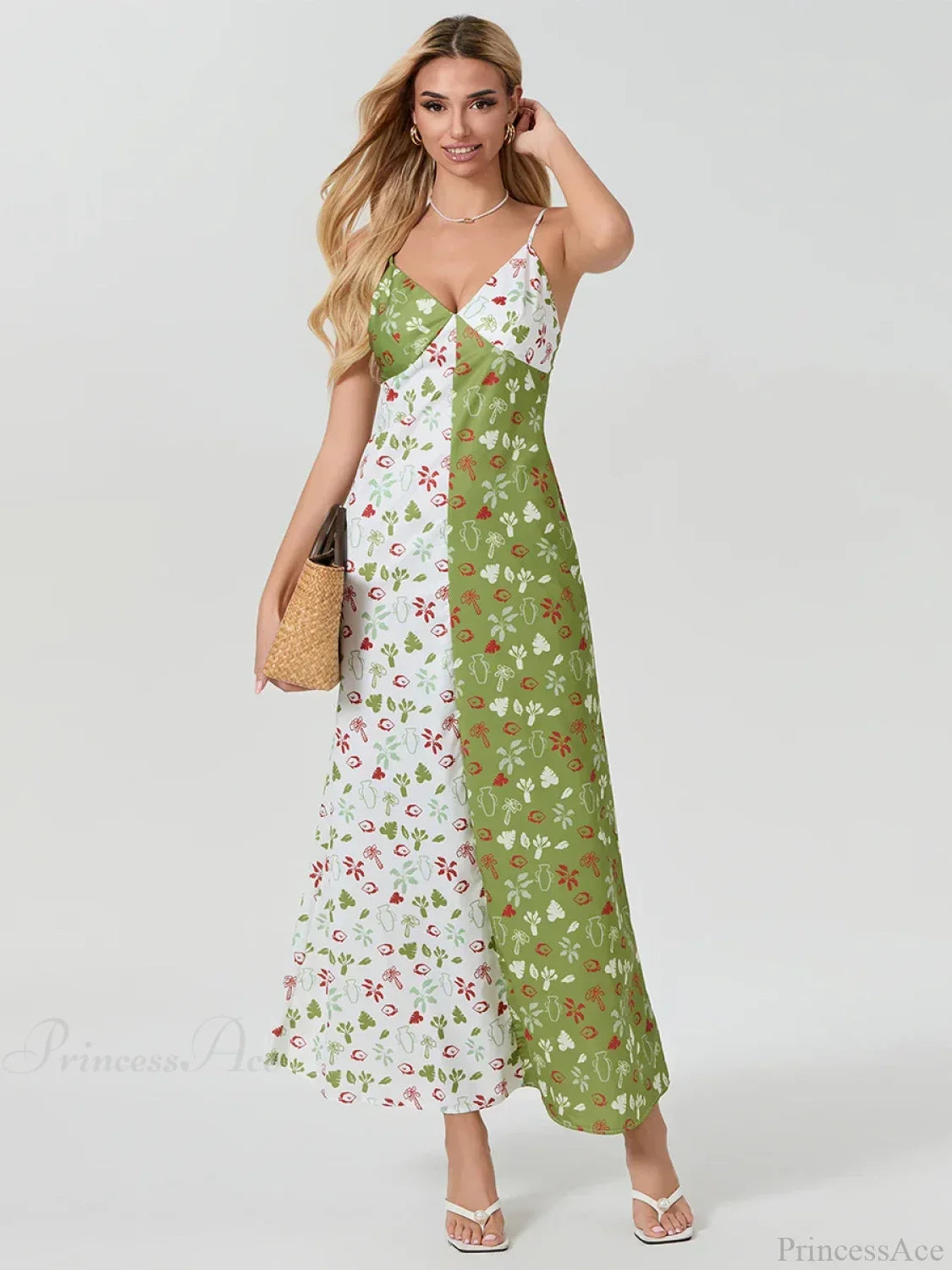 Vestido Floral com Alças Finas, Decote V e Cor Contrastante
