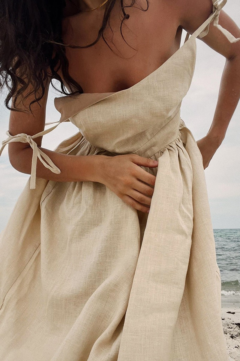 Cotton V Neck Spaghetti Strap Elegant Tie Backless Midi Dress