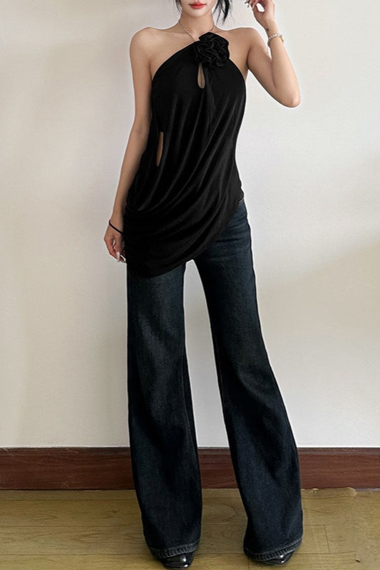 Einfarbige lockere, fließende Neckholder-Bluse ohne Rücken