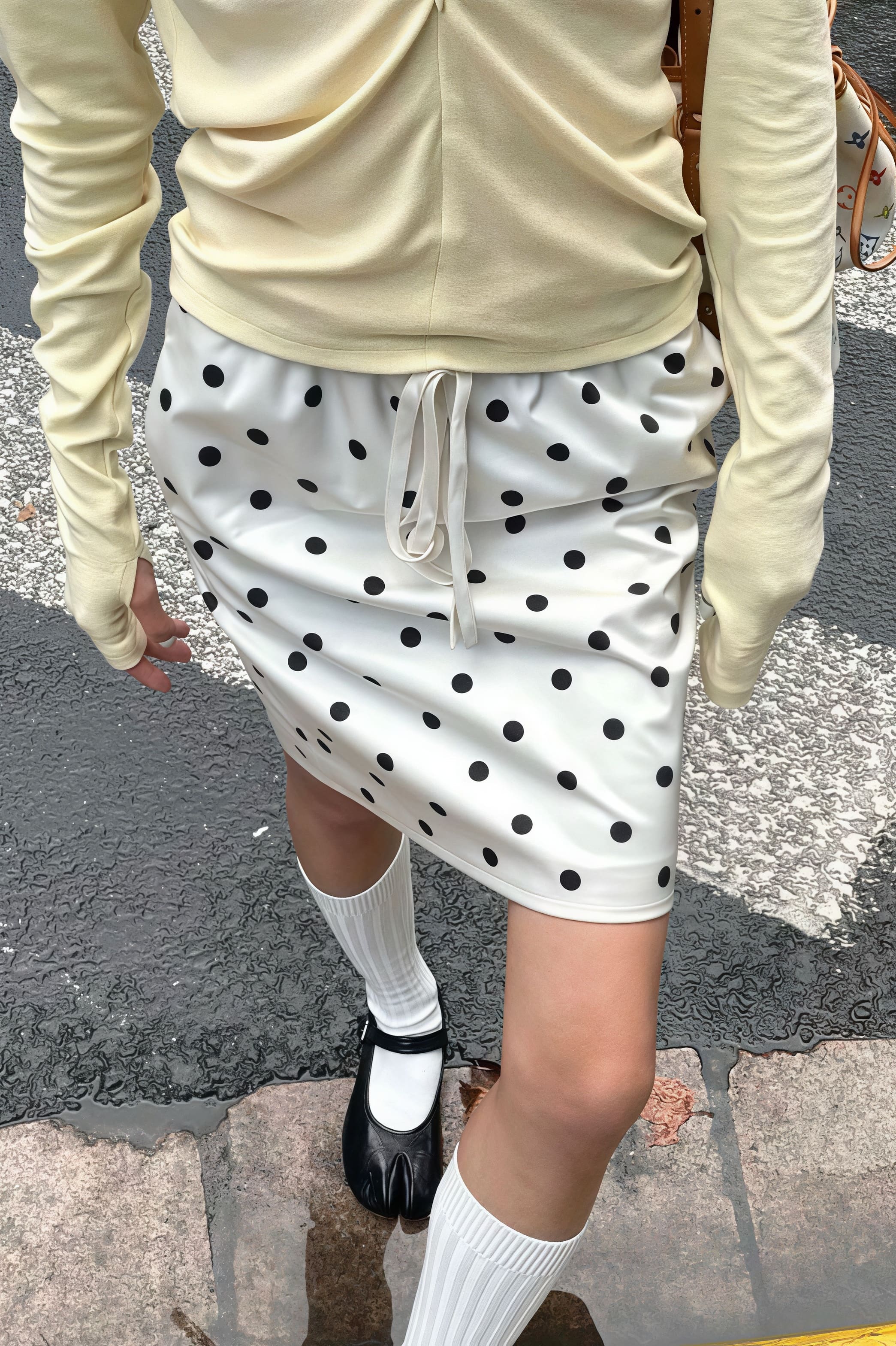 Vintage Satin Polka Dot Drawstring Midi Skirt