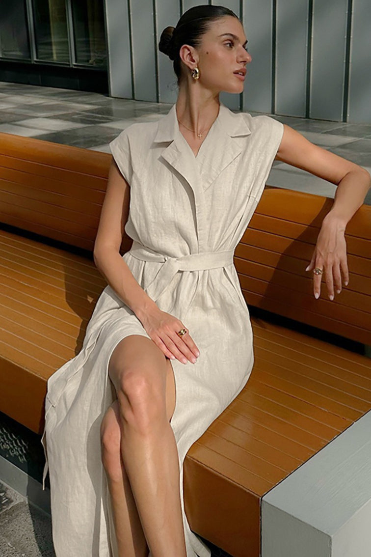 Vestido largo de lino y algodón con cintura alta, abertura y lazo