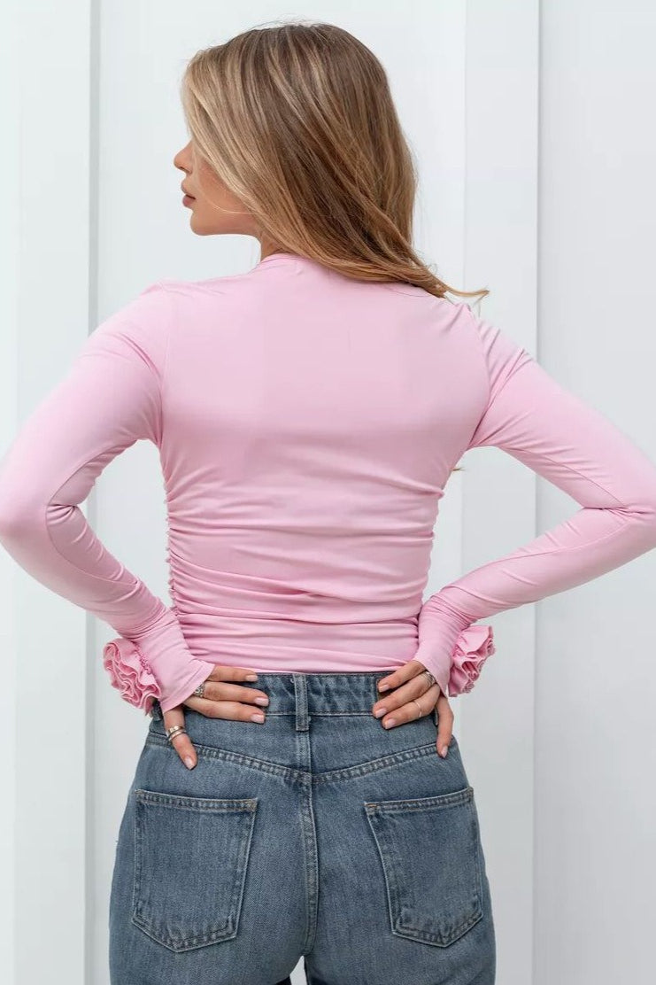 T-shirt ajusté à manches longues avec motif floral en relief 3D