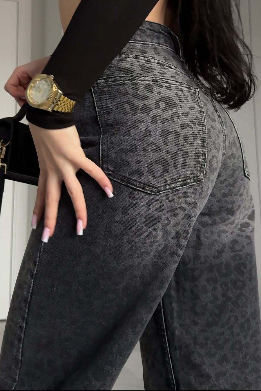 Black Grey Washed Leopard Print High Waist Jeans