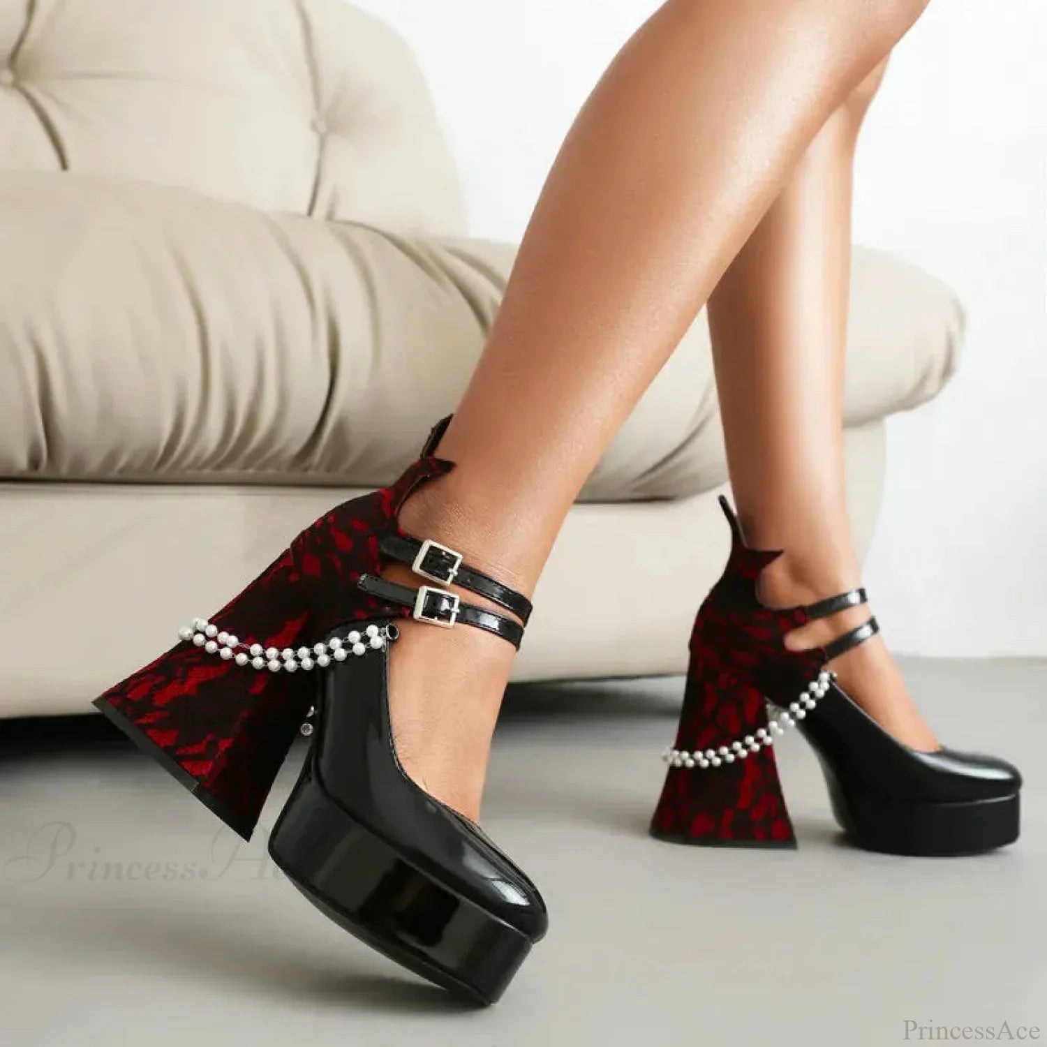 Dark Crimson Tie Up Elevated Gothic Tall Heel