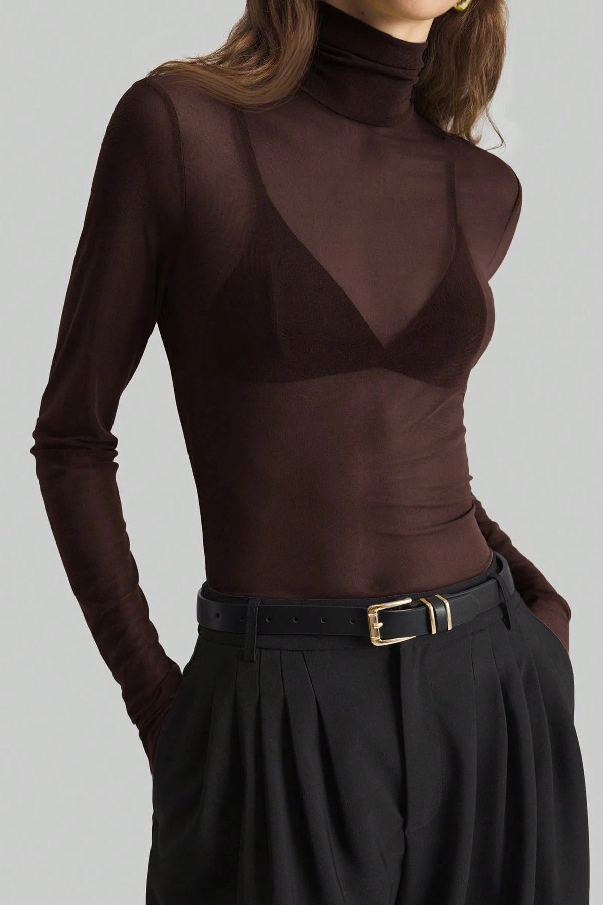 Tričko s dlouhým rukávem, úzké, s pevně stojícím límcem a síťovinou jednobarevné