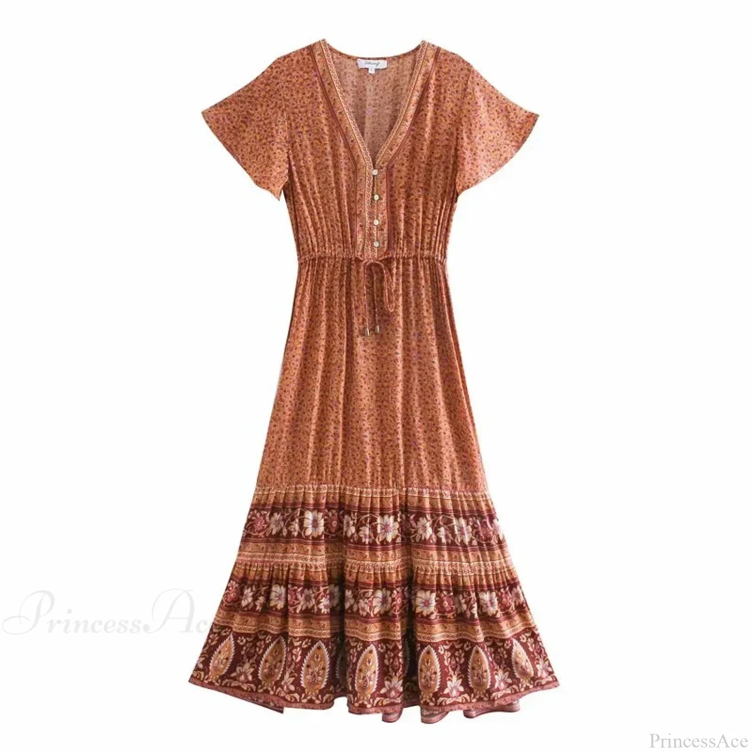 Deep V-neck Floral Button Pleated Maxi Boho Dress