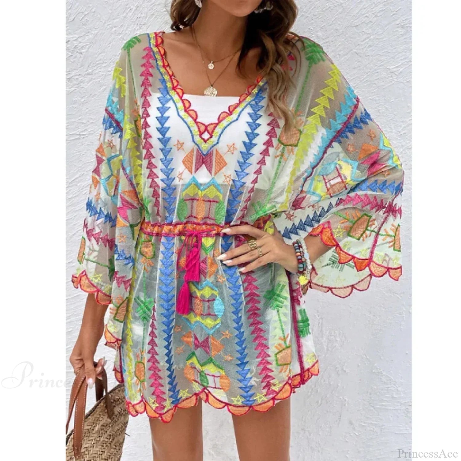 Deep V-neck Tunic Lace Boho Mini Beach Cover up