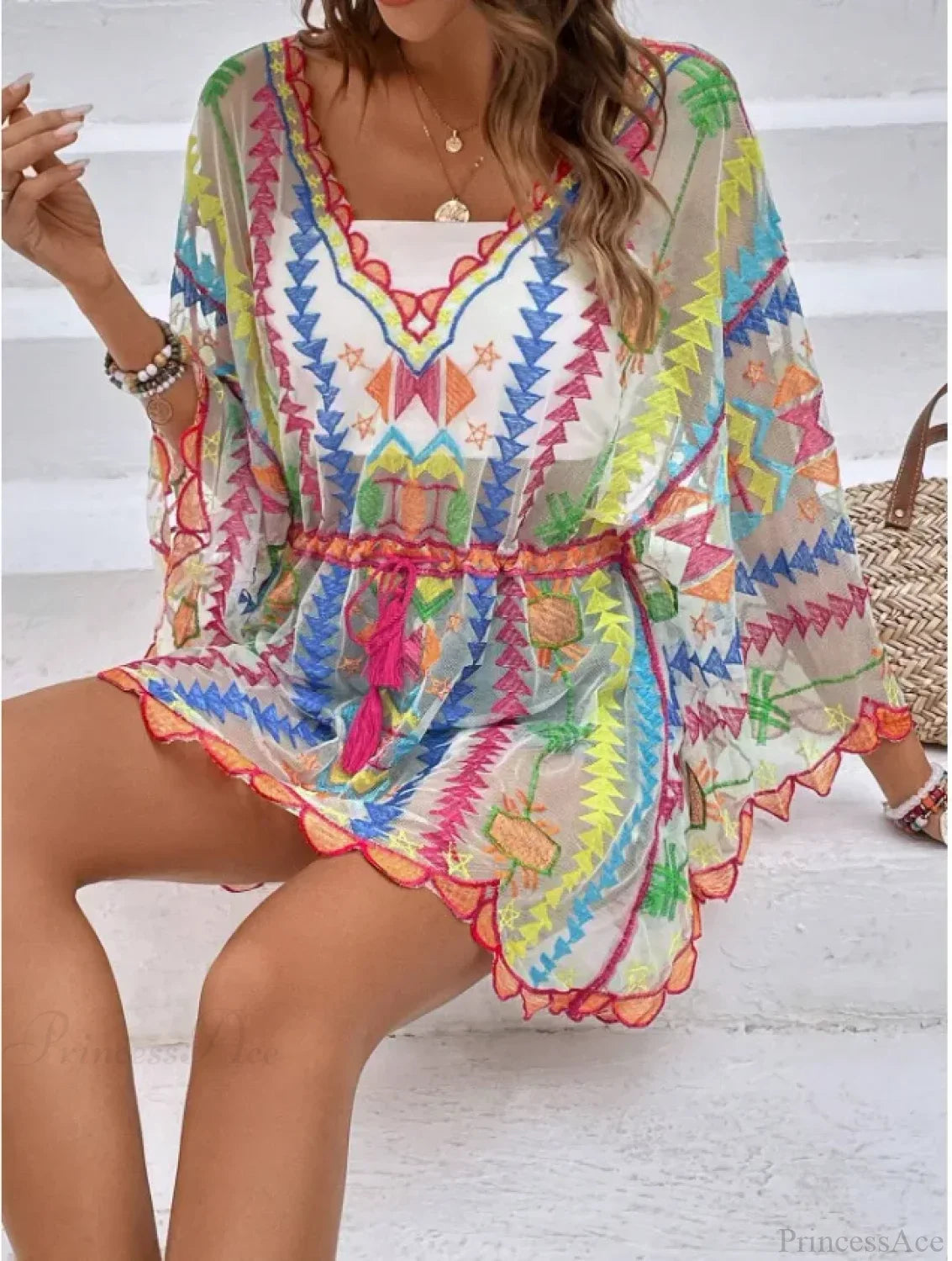 Deep V-neck Tunic Lace Boho Mini Beach Cover up