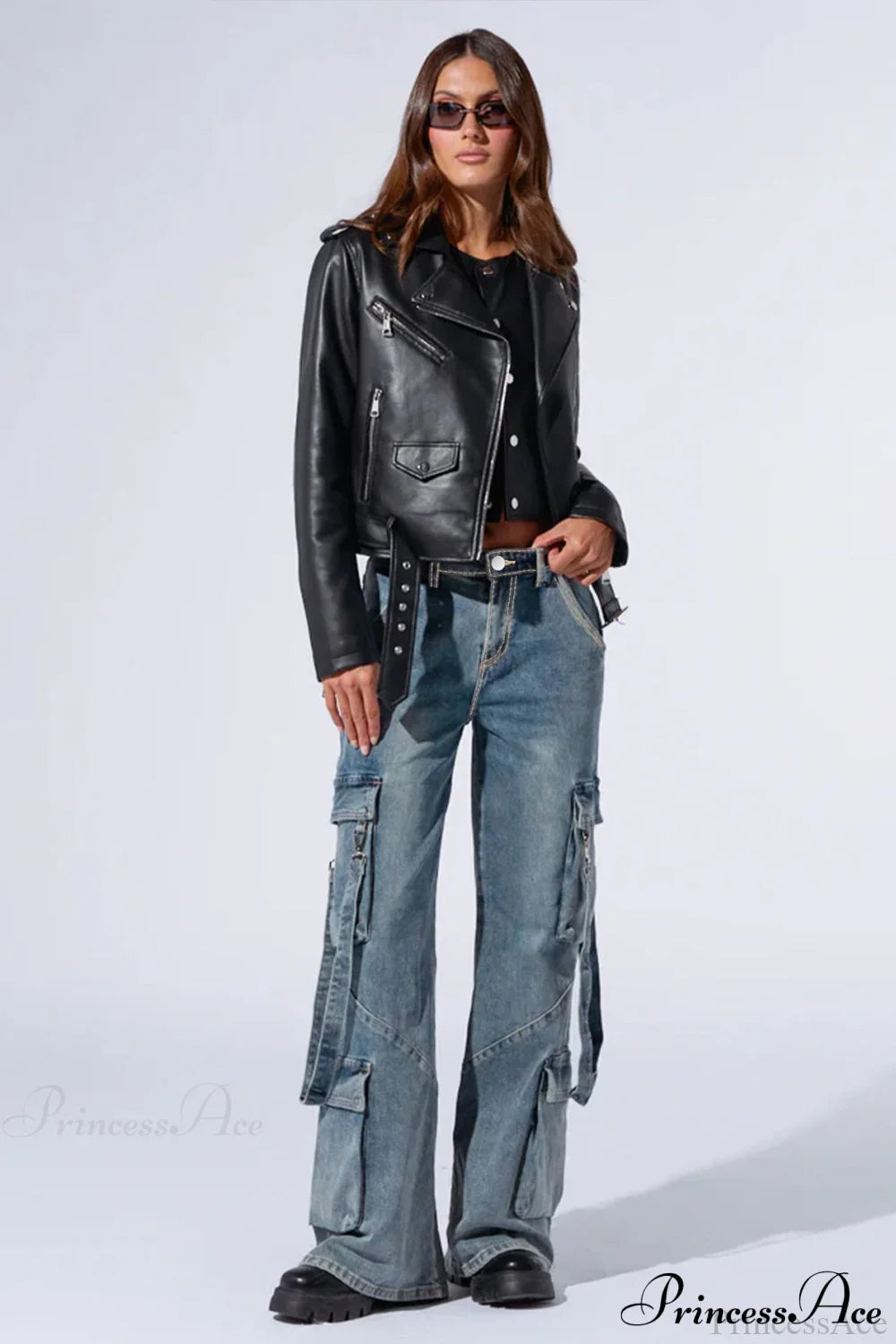 Denim Multi-Pocket Wide-Leg Cargo Pants