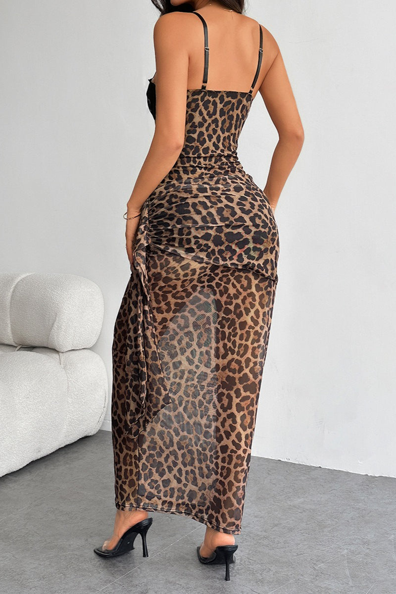Sexy Leopardenmuster Spitzen eng anliegendes langes Kleid