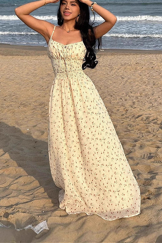 Vestido maxi floral con escote en V fruncido, cintura alta y línea A, estilo camisola sexy