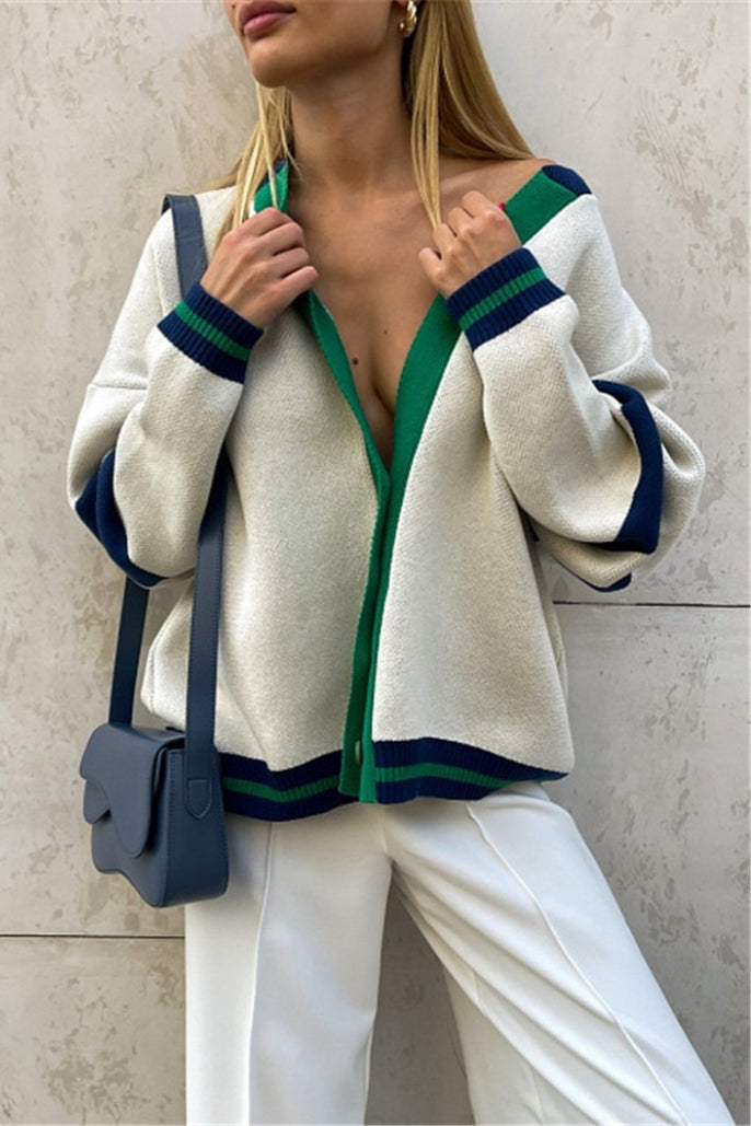 Simple Color Block Striped Relaxed Knit Cardigan