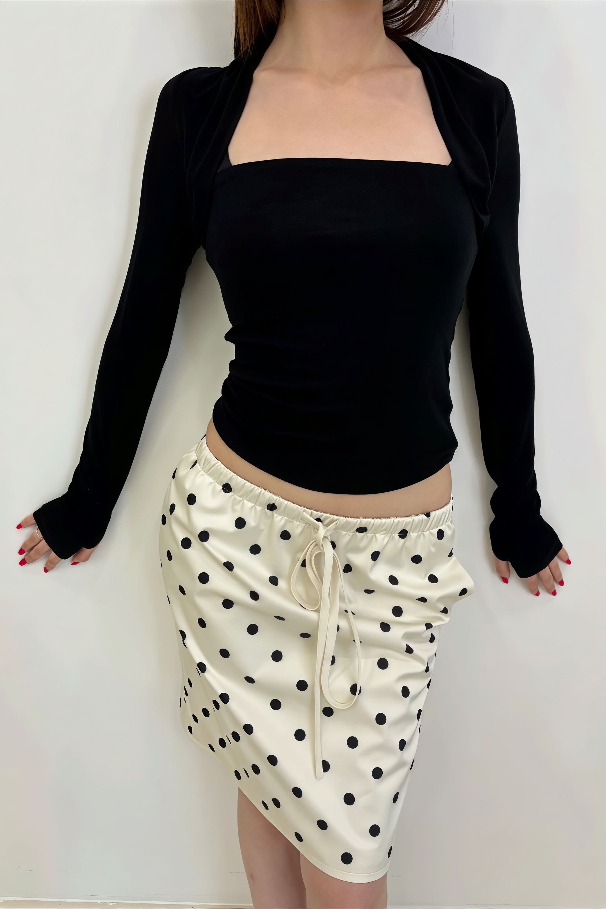 Vintage Satin Polka Dot Drawstring Midi Skirt