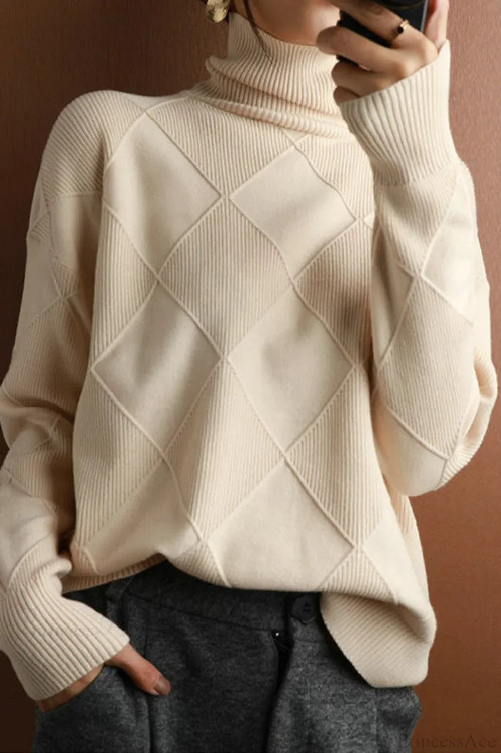 Diamond Pattern Turtleneck Loose Long-Sleeve Sweater