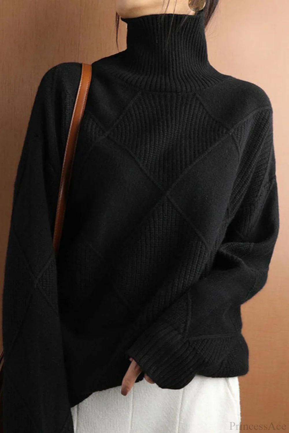 Diamond Pattern Turtleneck Loose Long-Sleeve Sweater
