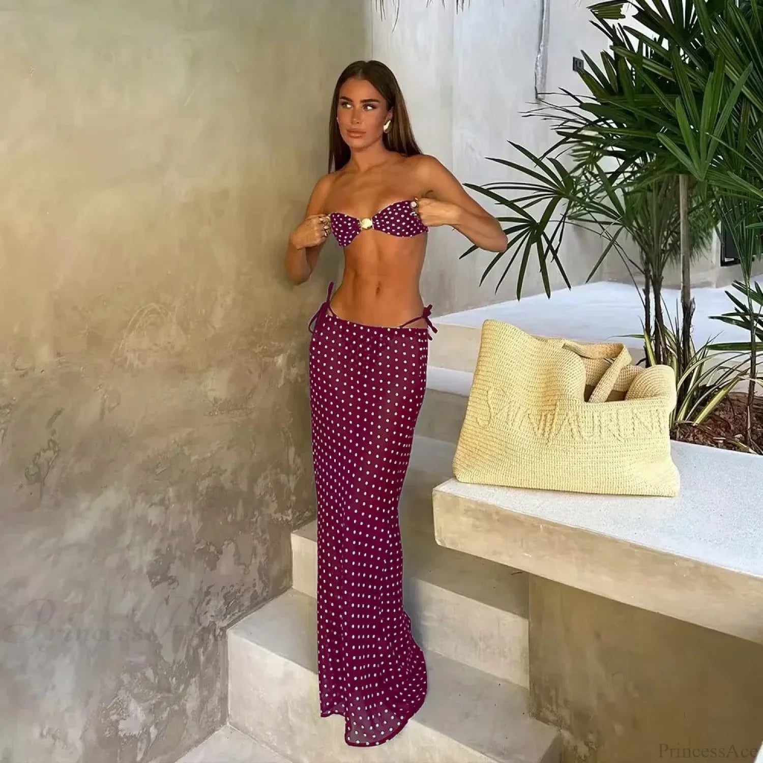Dot Bandeau Skirt Three Piece Swimsuit