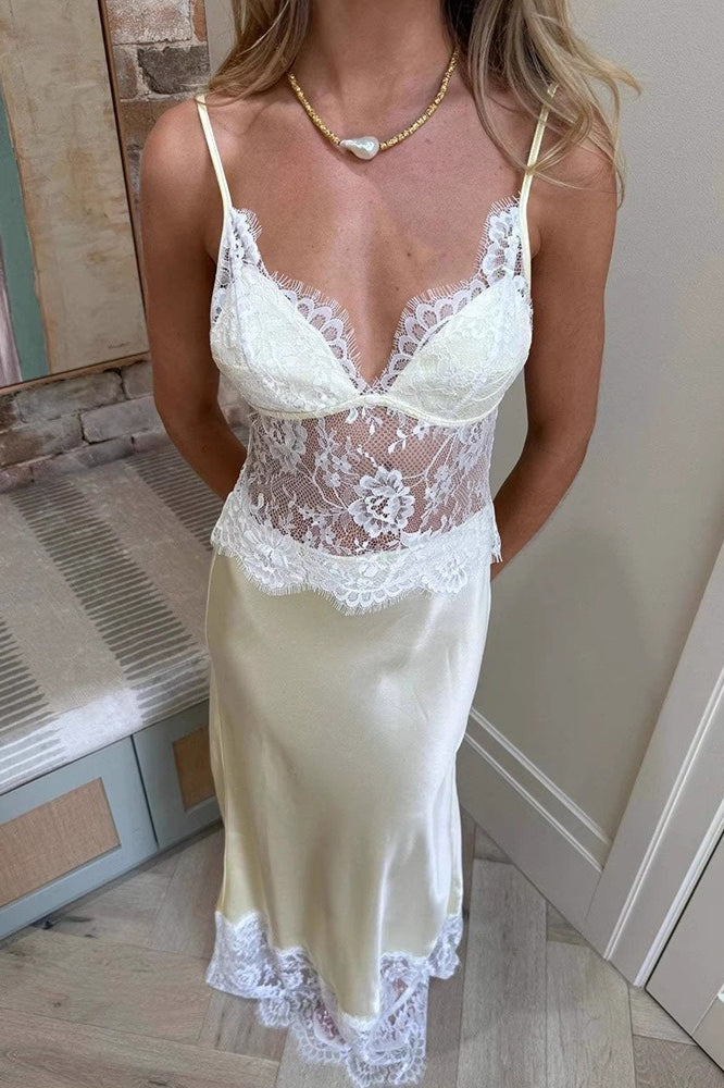 Elegantes sexy Maxikleid mit tiefem V-Ausschnitt und durchscheinender Spitzenmusterung