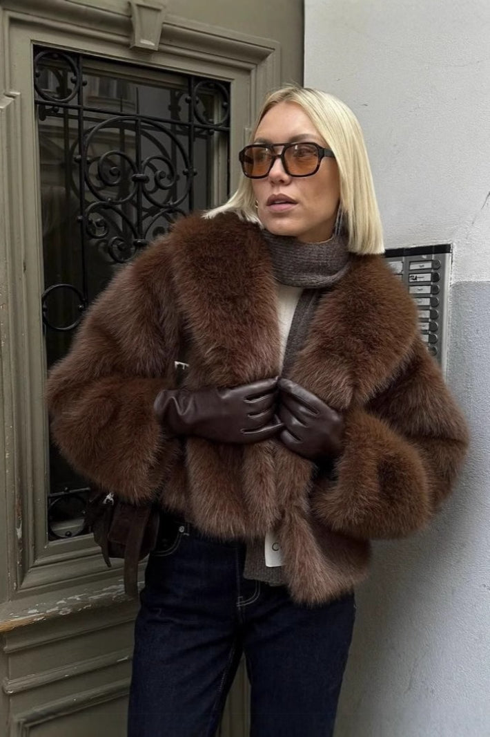 Retro einfarbiger Plüsch warmer kurzer Mantel mit Kerbkragen