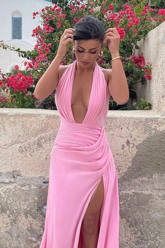 Maxikleid mit U-Ausschnitt, Neckholder, gerafftem Schlitz und Bindeband