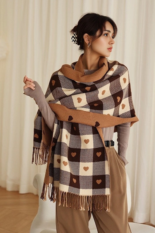 Faux Cashmere Double-Sided Heart Plaid Fringed Scarf