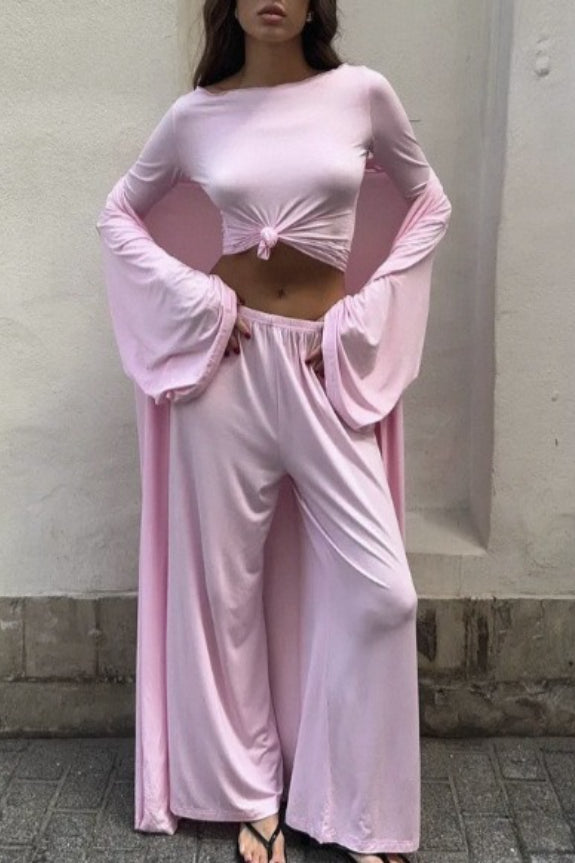 Solide Strickfließender Langarm-Morgenmantel Dreiteiliges Set