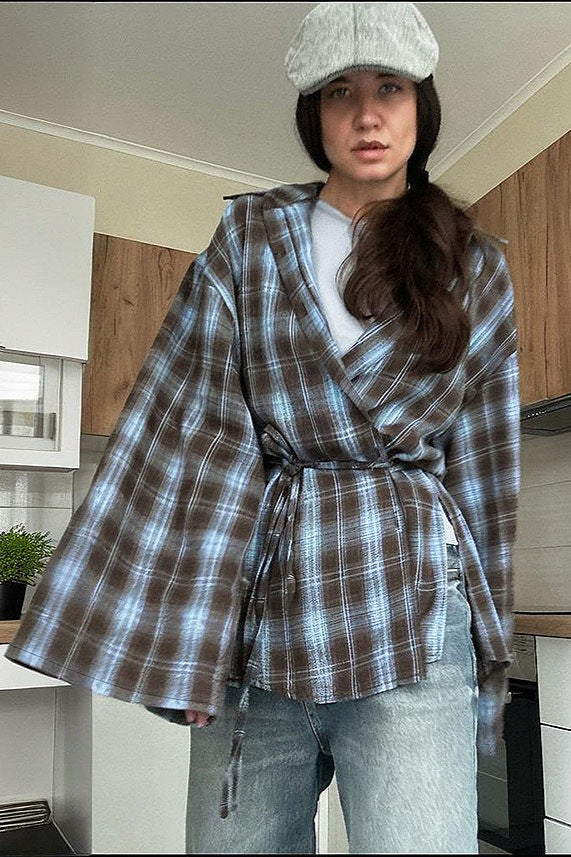 Plaid Tie Waist Long Sleeve Blouse