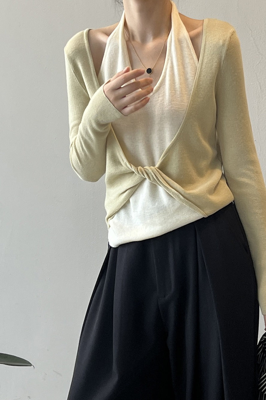 Dlouhé tričko s vrstveným patchworkovým halterem a dlouhým rukávem