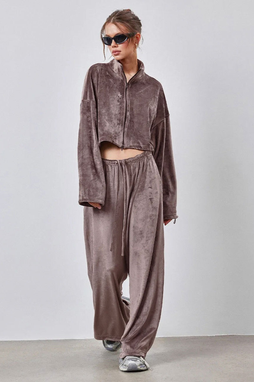 Vintage Drawstring Crop Top and Wide Leg Pants Two Piece Set