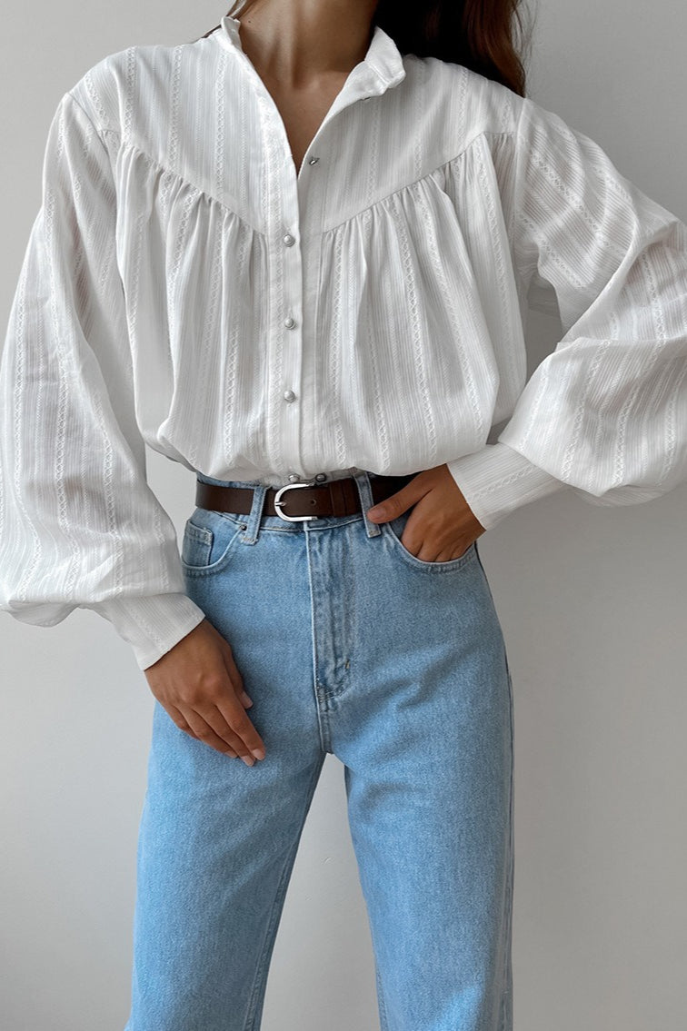 White Cotton Jacquard Stand Collar Blouse