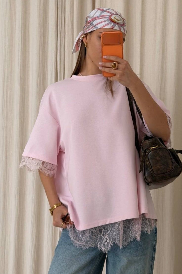 Minimalist Sweet Lace Splice Short Sleeve T-shirt