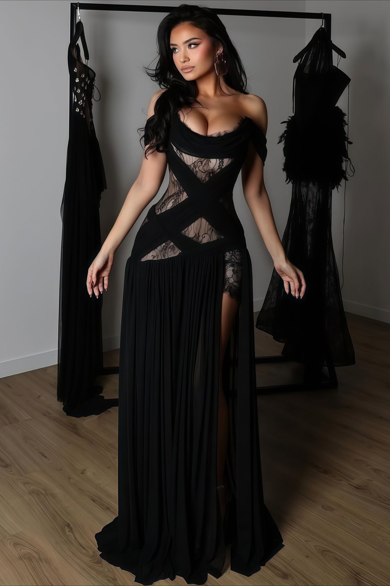 Sexy Spitzen-Patchwork-Kleid mit Ausschnitten, durchsichtigem Stoff und Schlitz, Maxikleid