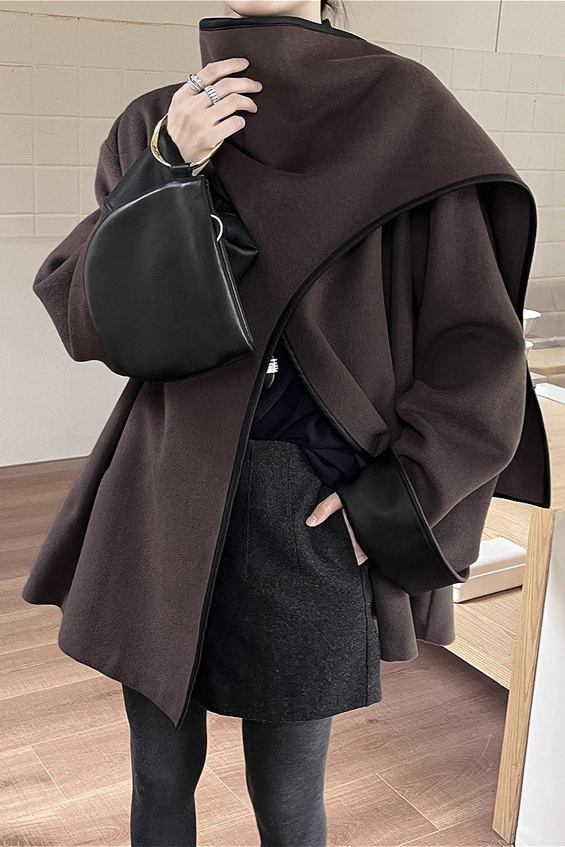 Color Block Cowl Neck Asymmetrical Coat