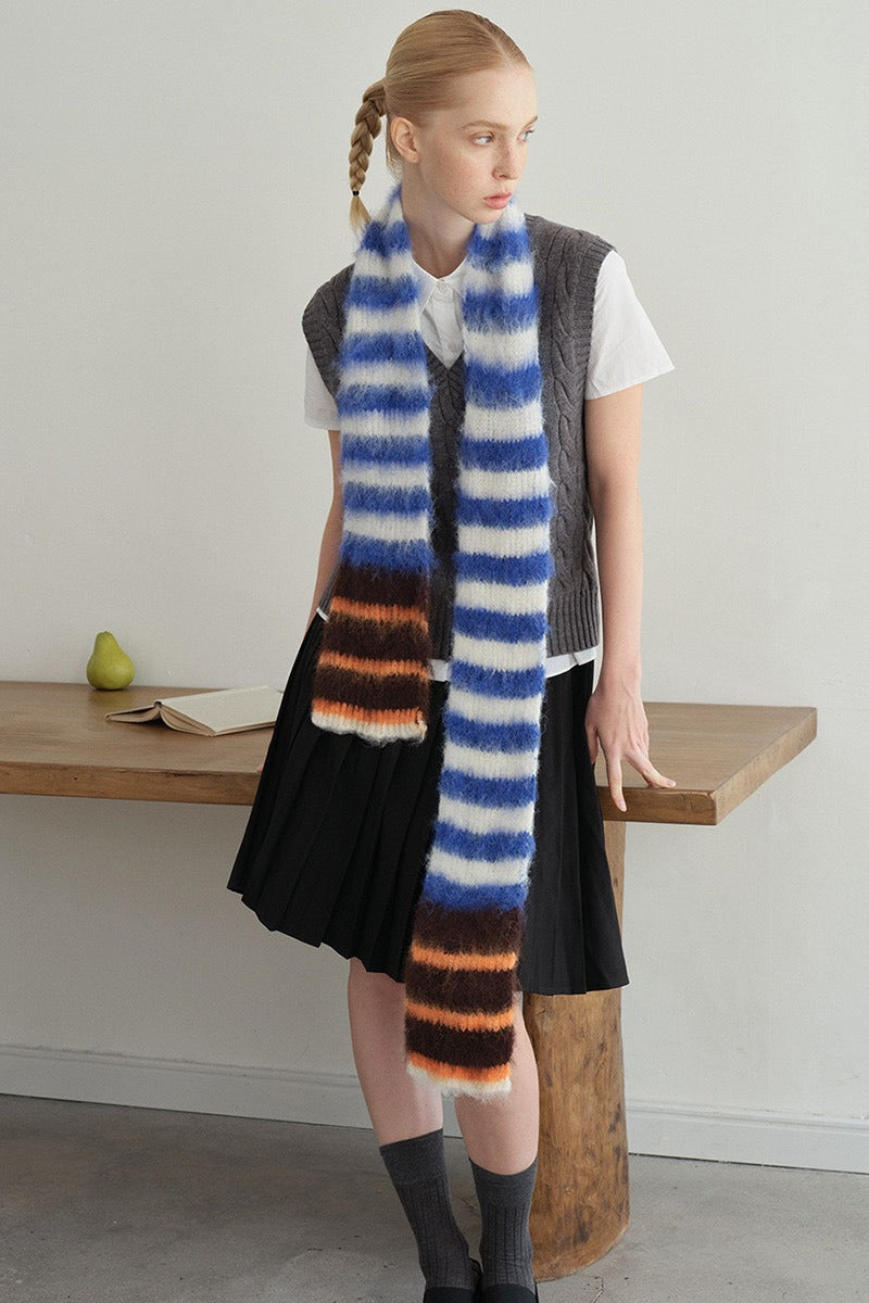 Contrast Striped Narrow Soft Wool Blend Knitted Scarf