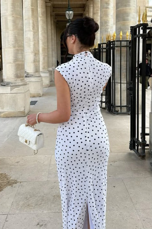 Vestido largo elegante de cuello redondo con lunares