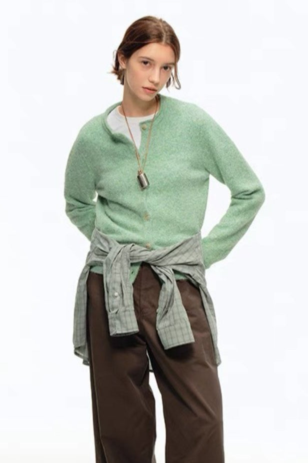 Green Wool Blend Crew Neck Knit Cardigan