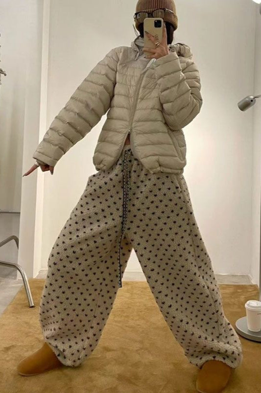 Warm Thickened Polka Dot Fleece Drawcord Pants