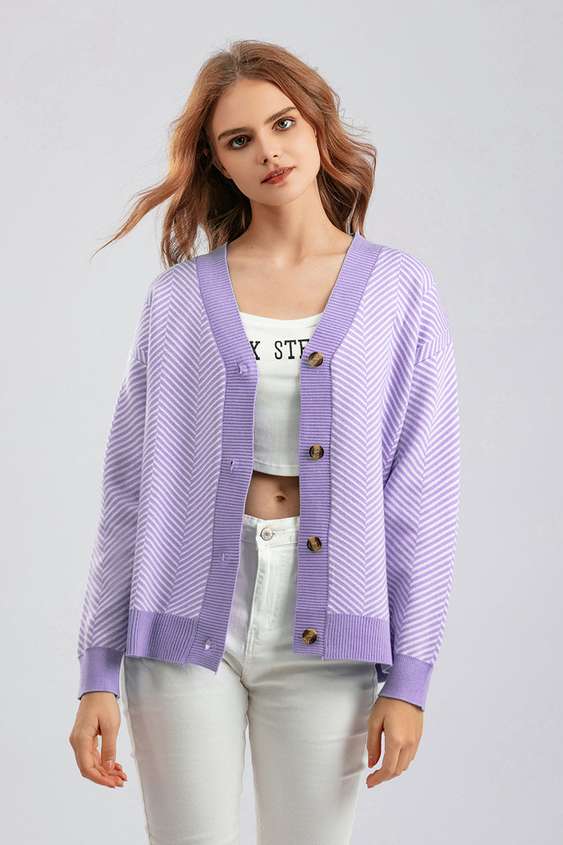 Gestreifter Strickpullover mit V-Ausschnitt und Knöpfen