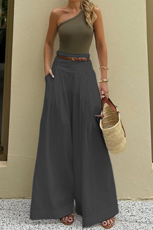 Solid Ruched High-Waisted Wide-Leg Pants