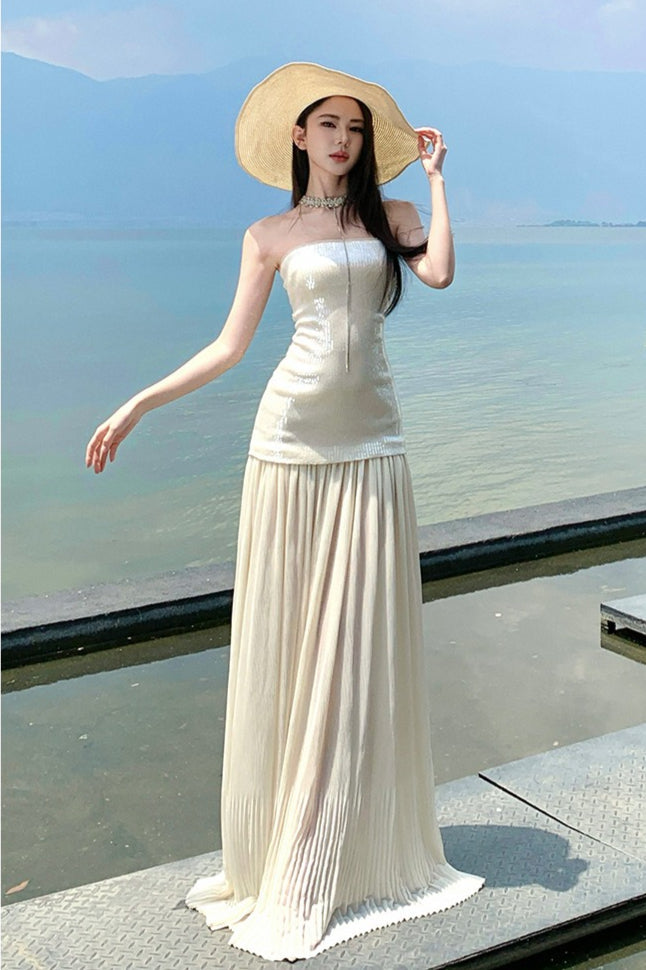 Pailletten-Patchwork Trägerloses Fließendes Maxikleid