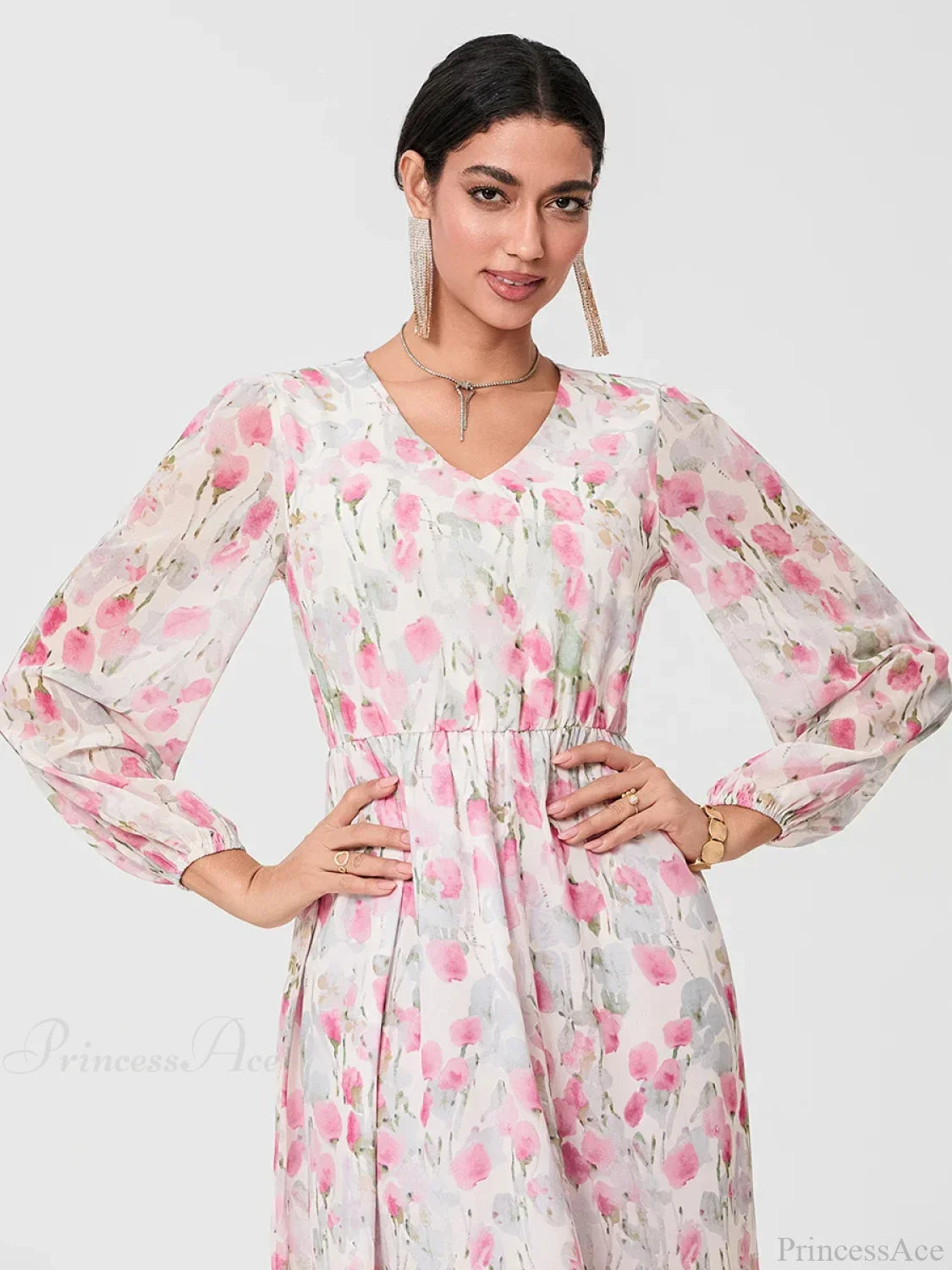 Elegant Floral Flowing Long Sleeve A-Line Floral Dress