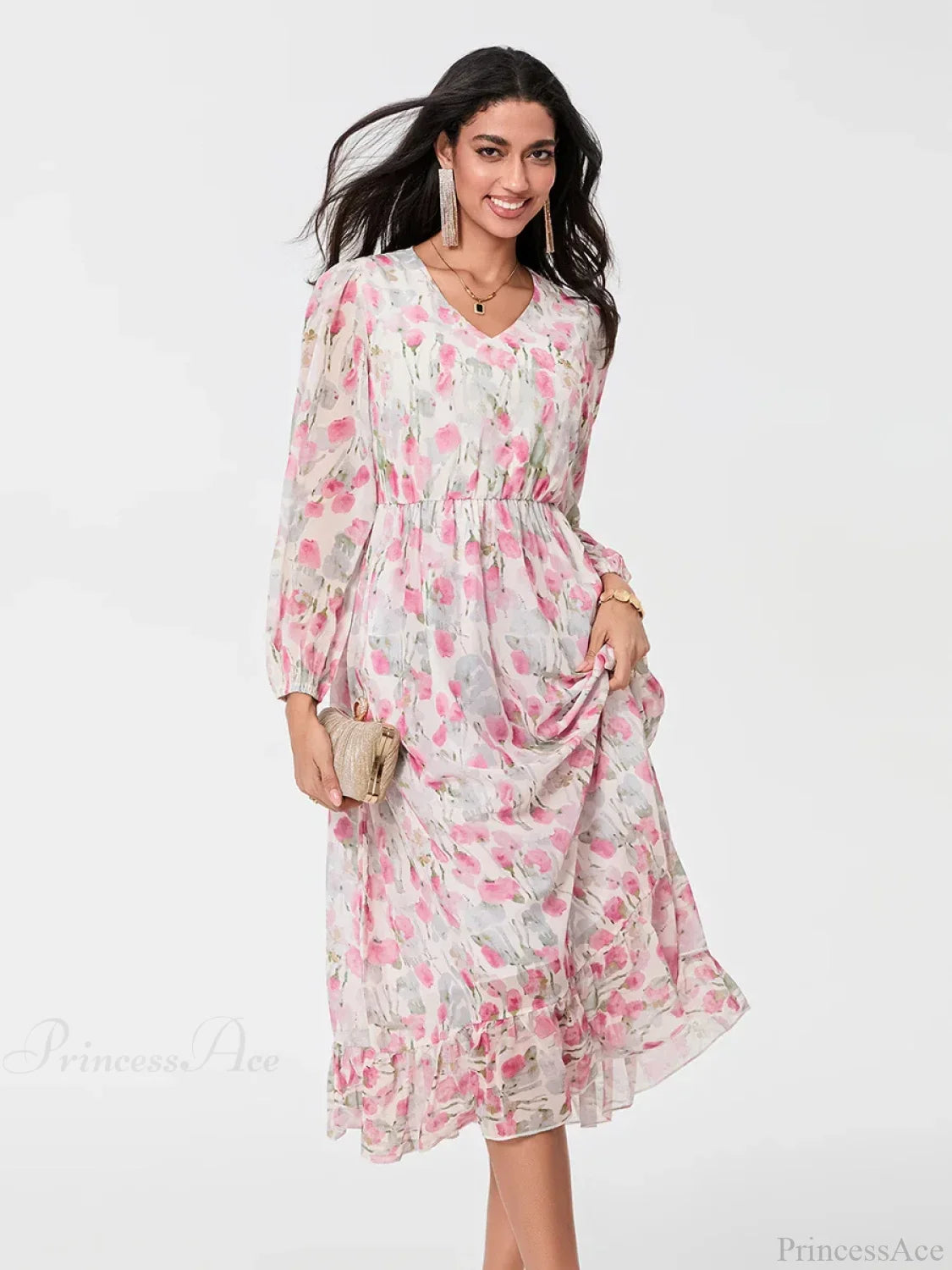 Vestido floral elegante de manga larga fluida en línea A