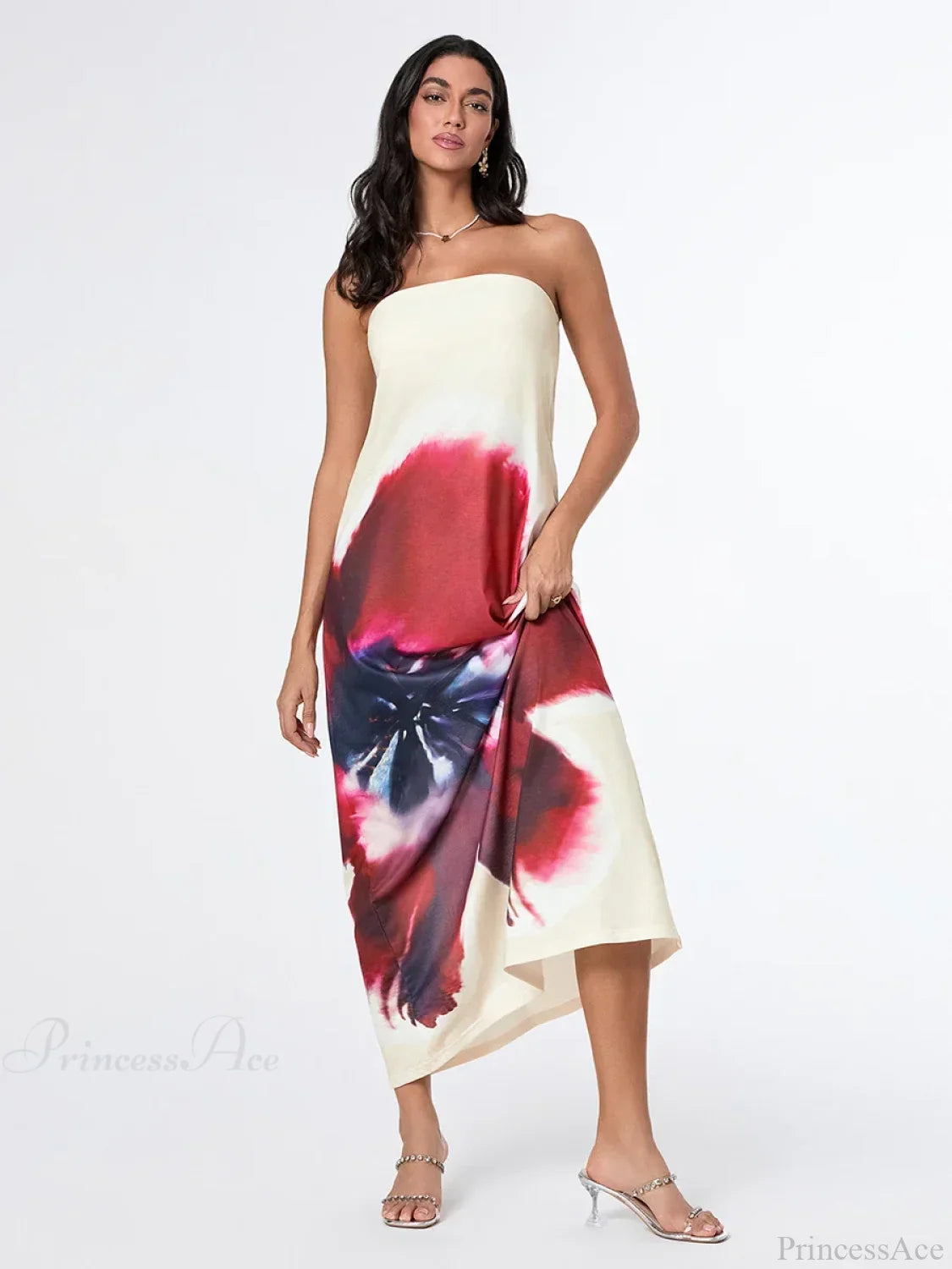 Vestido Floral Elegante Sin Tirantes de Corte Suelto