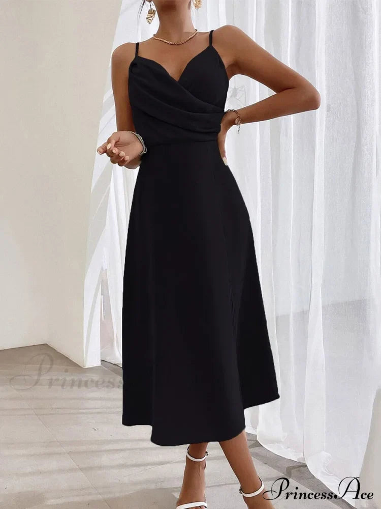 Elegant Spaghetti Strap Charming Pleated Leg Slit Dress