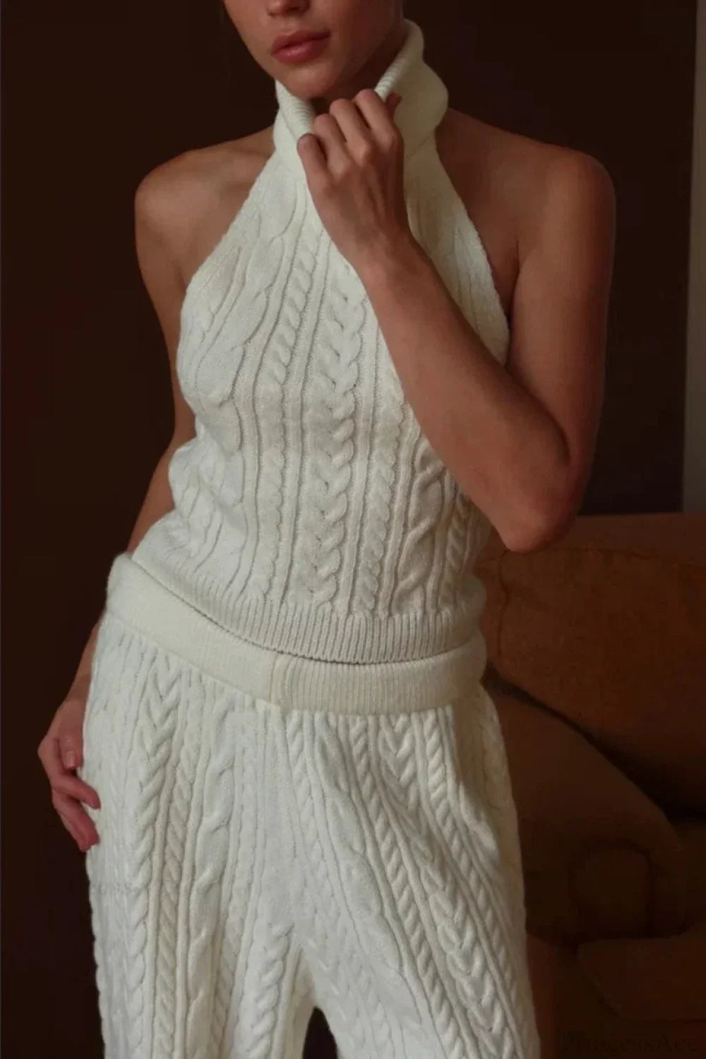 Elegant V-Neck Cable Knit Top Tank Pants Three Piece Set